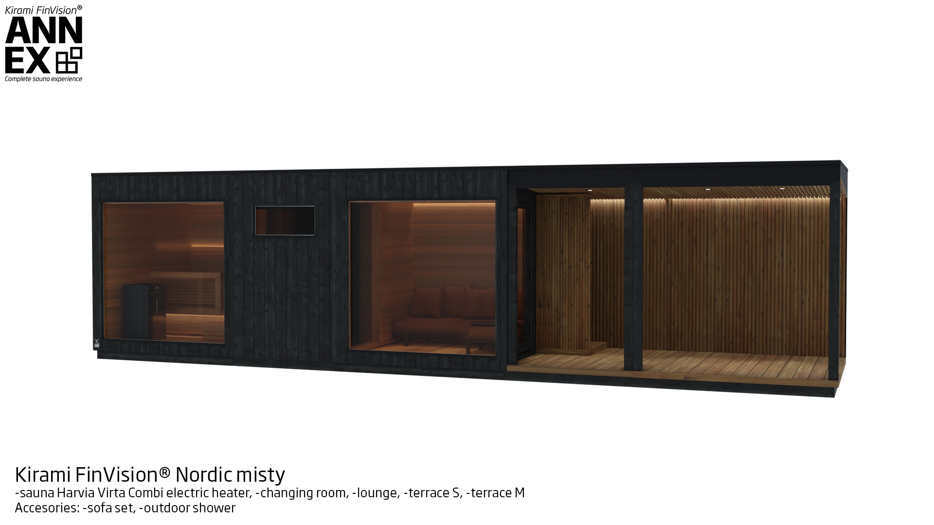 Kirami FinVision® -sauna (with Harvia electric heater), -changing room, -lounge, -terrace S, -terrace M Nordic misty | Kirami FinVision® Annex