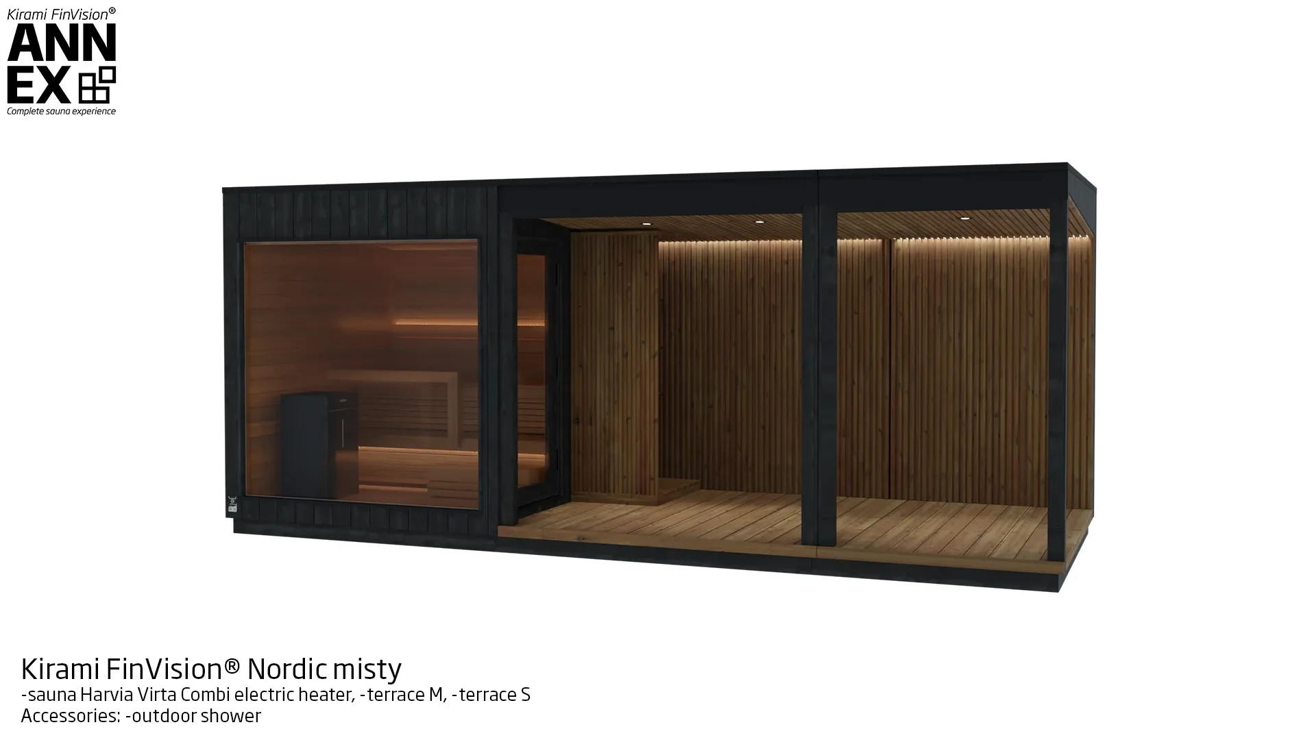 Kirami FinVision® -sauna (with Harvia electric heater), -terrace M, -terrace M Misty | Kirami FinVision® Annex