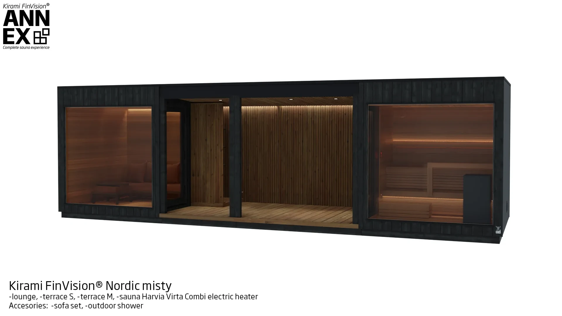 Kirami FinVision® -lounge, -terrace S, -terrace M, -sauna (with Harvia electric heater) Misty | Kirami FinVision® Annex